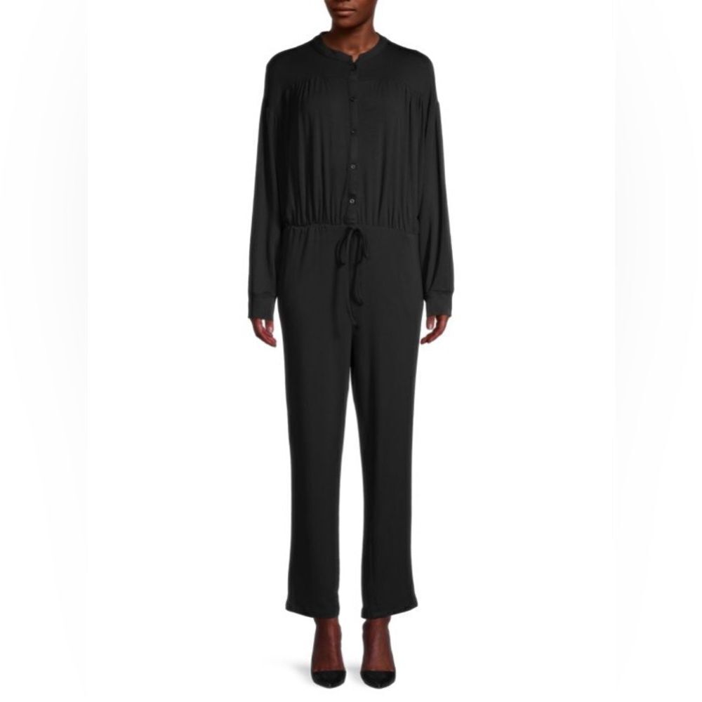 NWT Lea & Viola Small Stretch-Knit Jumpsuit Black LongSleeve Button Up